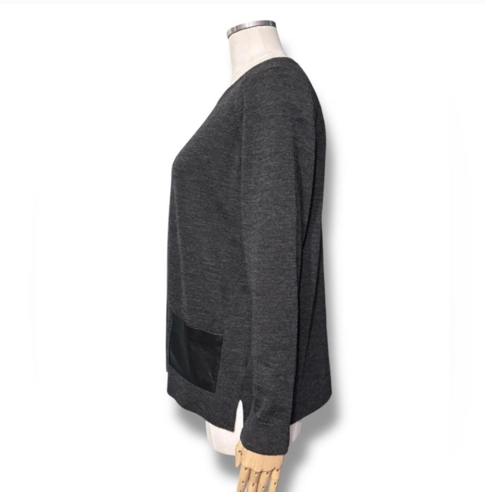 LAFAYETTE 148 Grey Wool Round Neck Sweater Vegan Leather Patch Pockets - Picture 4 of 9